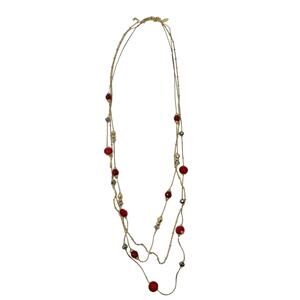 NY Woman's Long Red Gem Stones And Beads Gold Tone Necklace Fashion Jewelry